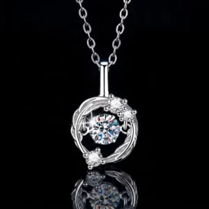 RENSINO 925 Sterling Silver Feather Surround Moissanite Beating Heart Pendant Necklace for Women Gift