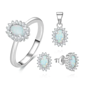 RENSINO 925 Sterling Silver Fine Jewelry 4*6mm Opal with Earring Stud Set