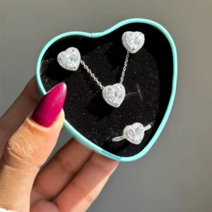 RENSINO 925 Sterling Silver Fine Jewelry Set with Gold Plated Heart Stud Earrings Rings Necklace for Women for Party Mother’s Day Gift