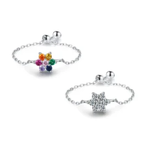 RENSINO 925 Sterling Silver Fine Jewelry Sparkling Colorful Cubic Zirconia Flower Adjustable Link Chain Rings for Women