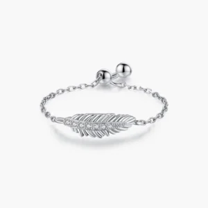 RENSINO 925 Sterling Silver Fine Jewelry Sparkling Simple Leaf Clear Cubic Zirconia Adjustable Link Chain Rings for Women