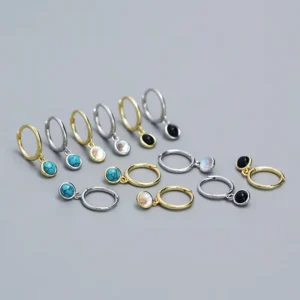 RENSINO 925 Sterling Silver Fine Jewelry Synthetic Moonstone Huggie Hoop Earrings Set for Gift