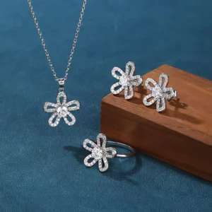 RENSINO 925 Sterling Silver Flower Jewelry Set Women Cubic Zirconia Necklace Ring Earrings Wedding Birthday Gift
