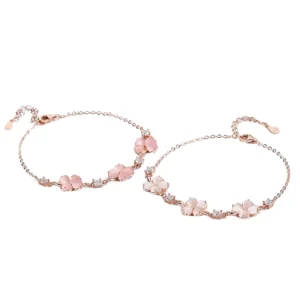 RENSINO 925 Sterling Silver Four Leaf Clover Bracelet Handcrafted Sweet Fashion Bangle Heart Shaped Pink White Crystal Design for Women