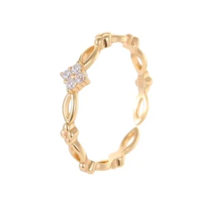 RENSINO 925 Sterling Silver Four Leaf Clover Flower Zircon Hollow Chain Open Ring For Women