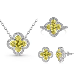 RENSINO 925 Sterling Silver Four Leaf Clover Jewelry Set Necklace Ring Earrings Pink Yellow Zircon Lucky Clover Women Gift Set