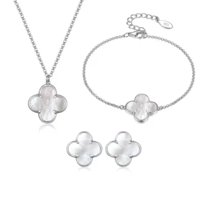 RENSINO 925 Sterling Silver Four Leaf Clover Shell Jewelry Set White Mother of Pearl Hypoallergenic Stackable Bracelet Necklace Earrings