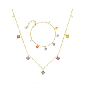 RENSINO 925 Sterling Silver Four-leaf Clover Necklace Multi-color Four-leaf Clover Bracelet Fashion Colorful Zircon Women Fine Set