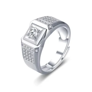RENSINO 925 Sterling Silver Full CZ Zircon 2CT Men Moissanite Ring Adjustable