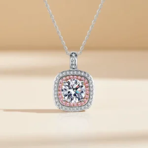 RENSINO 925 Sterling Silver GRA Certificate 1CT D Color VVS Round Cut Moissanite Sugar Cube Pendant Necklace