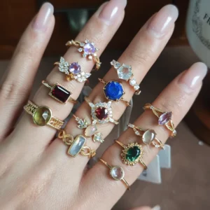 RENSINO 925 Sterling Silver Gemstone Fine Jewelry Rings Initial Gold Engagement Amethyst Peridot Tanzanite Ruby Malachite Ring Joyeria