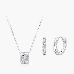 RENSINO 925 Sterling Silver Geometric Design Circle Pendant Necklace Hoop Earrings Set For Women’s Holiday Or Anniversary Gift