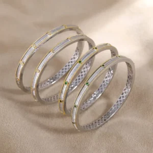RENSINO 925 Sterling Silver Geometric Unisex Heavy Gold Textured Diamond Inlaid 18K Gold Plated Handmade Brushed Rim Bangle