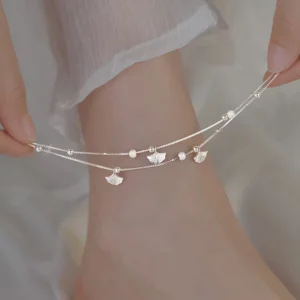 RENSINO 925 Sterling Silver Ginkgo Leaf Anklets for Women Teen Girls Layered Beaded Summer Beach Foot Chain Party Jewelry