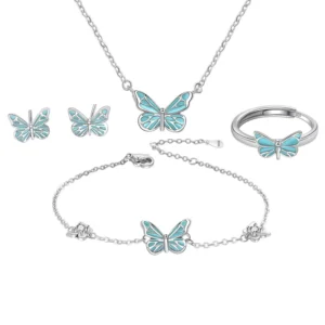 RENSINO 925 Sterling Silver Glowing Butterfly Necklace Bracelet Ring Earrings Jewelry Set for Women 4 Piece Butterfly Set