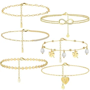 RENSINO 925 Sterling Silver Gold Chain Anklet CZ Crystal Adjustable for Women