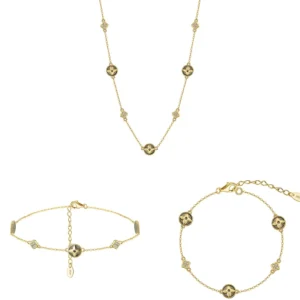 RENSINO 925 Sterling Silver Gold Four Leaf Clover Charm Bracelet Anklet Necklace Jewelry Set