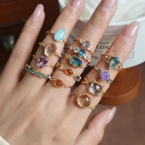 RENSINO 925 Sterling Silver Gold Jewelry Gemstone Wedding Rings Minimalist Opal Lapis Lazuli Quartz Agate Aventurine Ring Schmuck