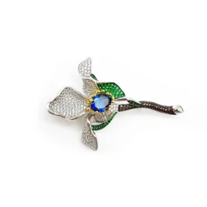 RENSINO 925 Sterling Silver Gold Plated Iris Flower Brooch with Green Enamel Pav CZ Trendy Wedding Jewelry