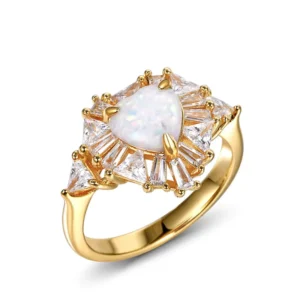 RENSINO 925 Sterling Silver Gold Plating Sparkles Heart Opal Crystal Cubic Zircon Ring for Women