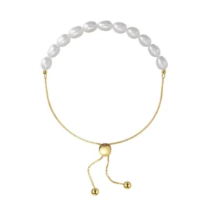 RENSINO 925 Sterling Silver Gold Rhodium Plated AAA Grade Natural Freshwater Pearl Potato Shape Spliced Adjustable Minimalist Bracelet