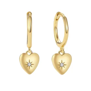 RENSINO 925 Sterling Silver Gold Vermeil 18k Pave Zirconia Heart Cz Hoop Earring