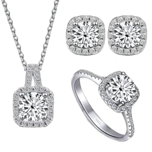 RENSINO 925 Sterling Silver Halos Cubic Zirconia Earrings and Necklace Jewelry Sets for Wedding Party Gift