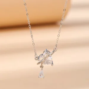 RENSINO 925 Sterling Silver Heart Water Drop Pendant Necklace Zircon Clavicle Chain Jewelry Dainty Romantic Gift for Women Anniversary
