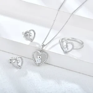 RENSINO 925 Sterling Silver Heart Zirconia Ring Love Zirconia Earrings Ring And Necklace Valentine’s Day Gift Fine Jewelry Set