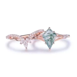 RENSINO 925 Sterling Silver High Polish Jewelry Kite Cut Moss Agate Ring Set Jewelry Natural Green Stone Engagement Rings