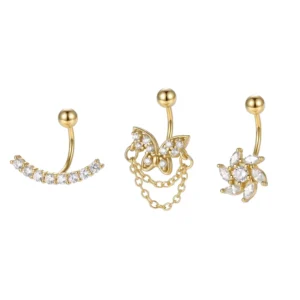 RENSINO 925 Sterling Silver Inlaid Zircon Flower Long Tassels Belly Piercing Hanging Navel Nail