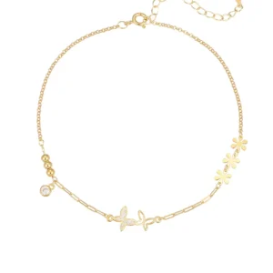 RENSINO 925 Sterling Silver Jewelry Gold Plated Bead Zircon Flower Butterfly Charm Chain Anklet Bracelet for Women
