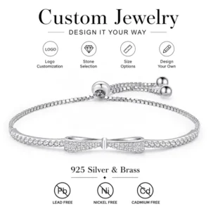 RENSINO 925 Sterling Silver Jewelry Manufacturer 5A Cubic Zircon Heart Shape Bow Water Drop Gold Plated Adjustable Tennis Bracelet