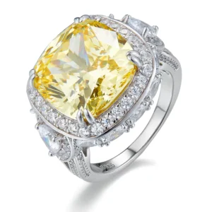 RENSINO 925 Sterling Silver Jewelry Rings Halo Yellow Color Zirconia Big Stone Ring