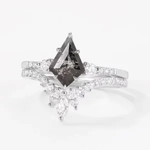 RENSINO 925 Sterling Silver Jewelry Salt and Pepper Diamond Quartz Engagement Ring Set With Marquise CZ Band Ring Set