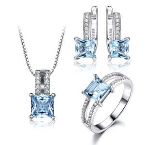 RENSINO 925 Sterling Silver Jewelry Set Nano Aquamarine Sky Blue Topaz Ring Pendant Stud Earrings Necklace for Women Fine Jewelry