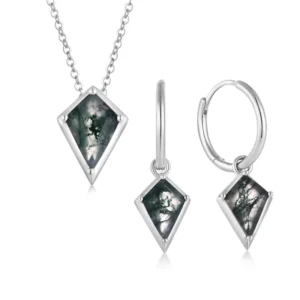 RENSINO 925 Sterling Silver Jewelry Set Natural Moss Agate Pendant Necklace and Hoop Earrings Jewelry Bulk Supplier for Women