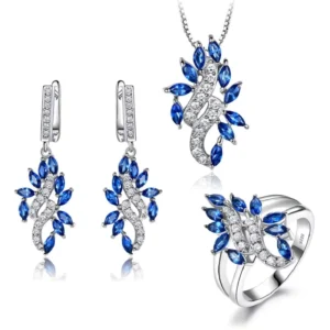RENSINO 925 Sterling Silver Jewelry Set for Women Blue Sapphire Gemstone Ring Pendant Drop Earring Engagement Jewelry