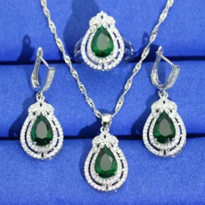 RENSINO 925 Sterling Silver Jewelry Set for Women Green Zircon Earrings Necklace Pendant Ring for Weddings Dating Gifts