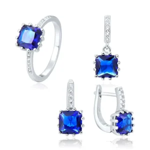 RENSINO 925 Sterling Silver Jewelry Sets Aaa Crystal Rhodium Plating Princess Cut Blue Sapphire Jewelry Set