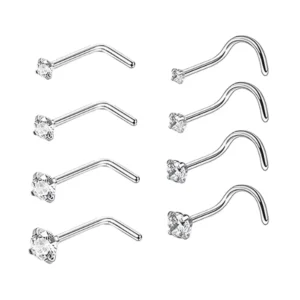 RENSINO 925 Sterling Silver L Shaped CZ Nose Rings Body Piercing Jewelry for Women