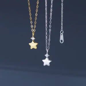 RENSINO 925 Sterling Silver Link Chain CZ Zircon Brushed Star Pendant Necklace for Women Gifts Fine Jewelry