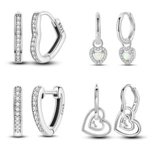 RENSINO 925 Sterling Silver Love Heart Earrings with Zircon Dangle Classic Style Hoops Studs for Women’s Wedding Gift Party Accessory