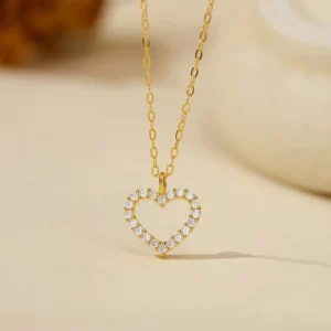 RENSINO 925 Sterling Silver Love Heart Pendant Gold Plated Cubic Zirconia Rope Necklace