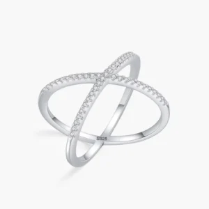 RENSINO 925 Sterling Silver Luxury Dazzling CZ Cross Line Sense Finger Ring for Women Wedding Party Fine Jewelry Gift