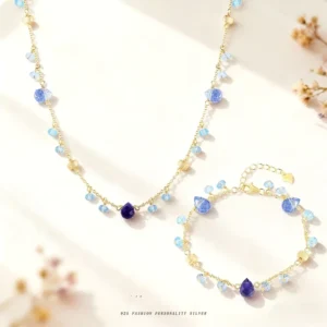 RENSINO 925 Sterling Silver Luxury Jewelry Blue Gradient Crystal Necklace and Bracelet Set