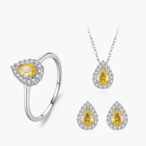 RENSINO 925 Sterling Silver Luxury Yellow Zircon Water Drop Earrings Ring Necklace Jewelry Set for Women Engagement Jewelry