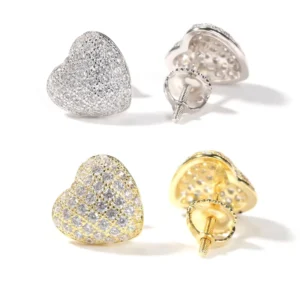 RENSINO 925 Sterling Silver Men’s Stud Earrings Cubic Zirconia Heart Charm Screw Back Cute Style Gold Plated Wedding