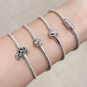 RENSINO 925 Sterling Silver Mickey Bracelet Heart Zircon Snake Chain Jewelry for Women Animal Bracelet Gift DIY Charm Beads