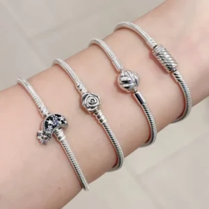 RENSINO 925 Sterling Silver Mickey Bracelet Heart Zircon Snake Chain Jewelry for Women Animal Bracelet Gift DIY Charm Beads